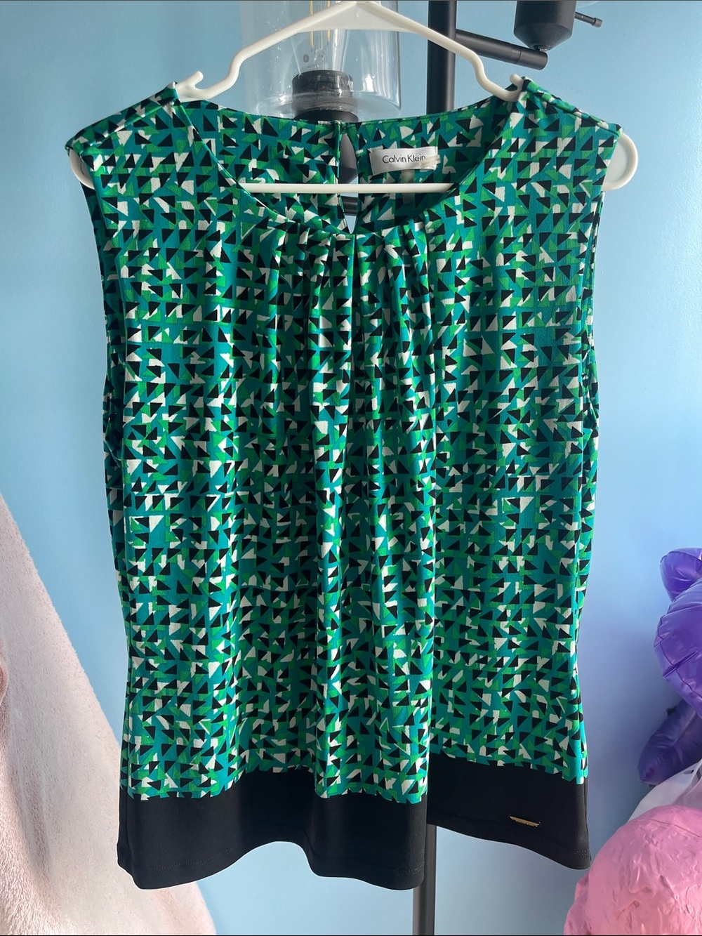 Calvin Klein Green Geometric Sleeveless Top with Black Hem